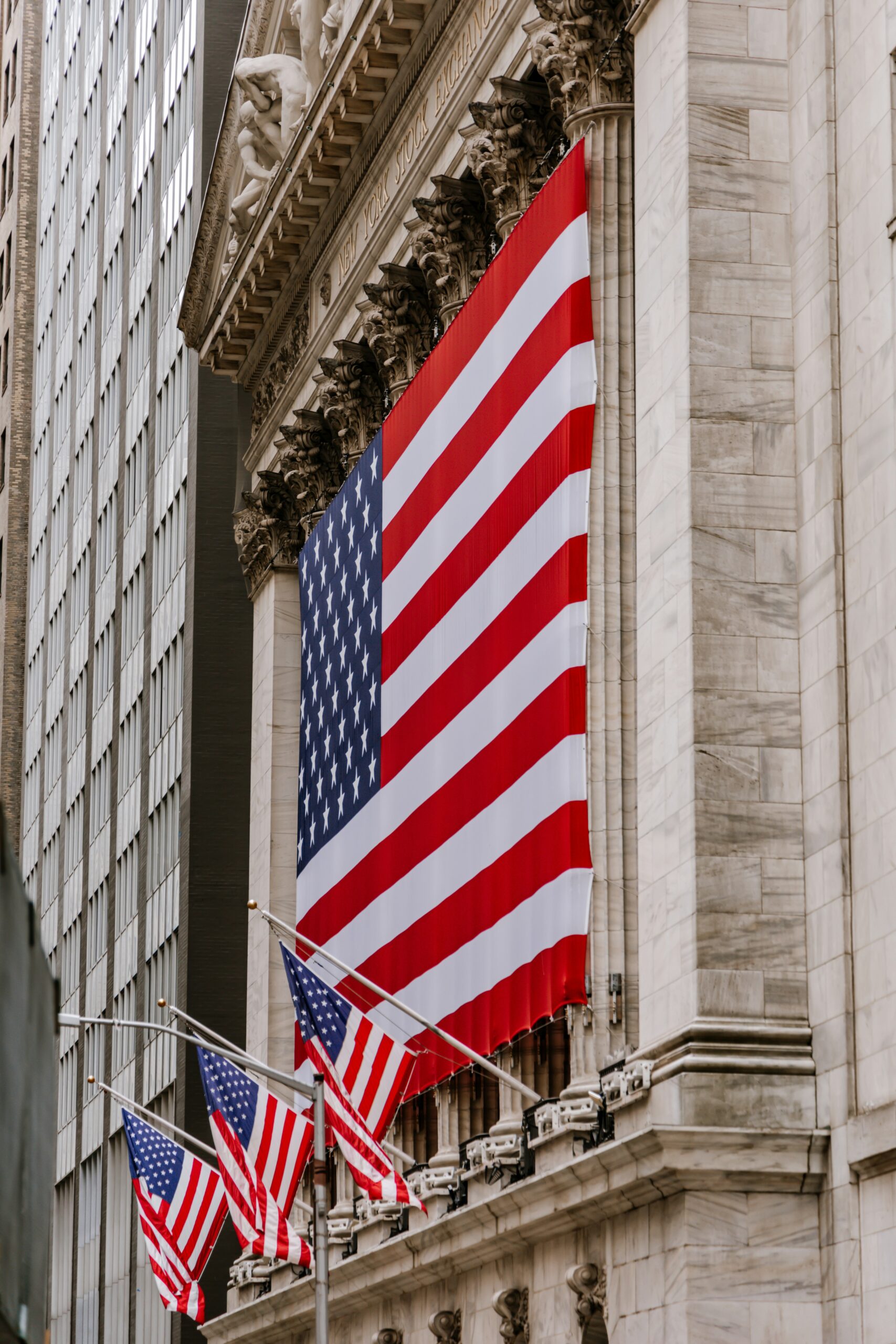 American flags hanging outside the stock exchange