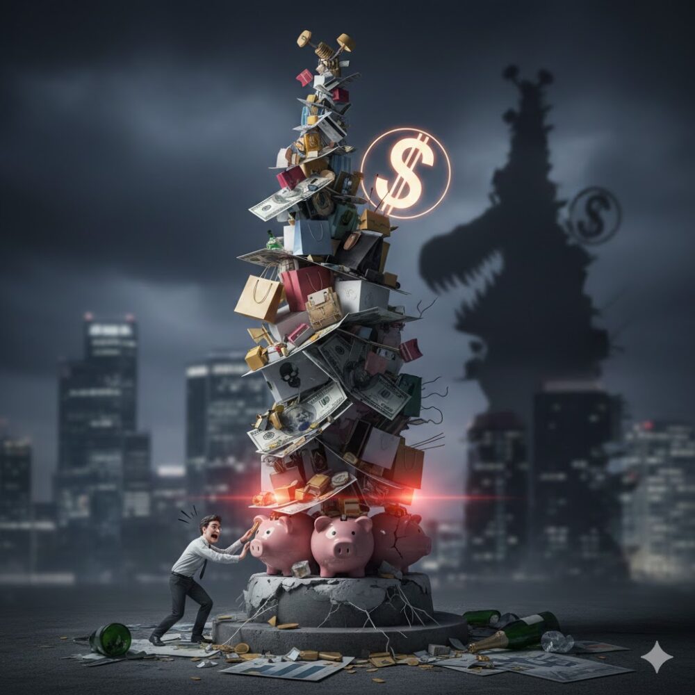 animated image of a man stacking more spending on top of spending