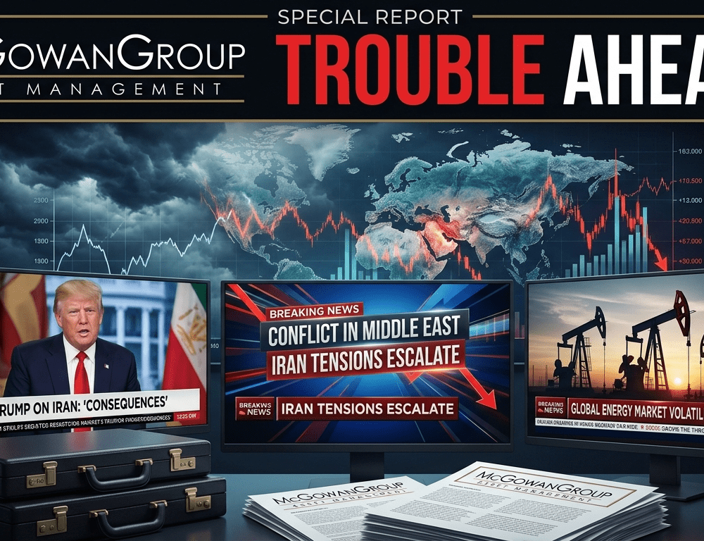 thumbnail for the advanced report Trouble Ahead? with images of news headlines about the Iran conflict and the global energy market volatility