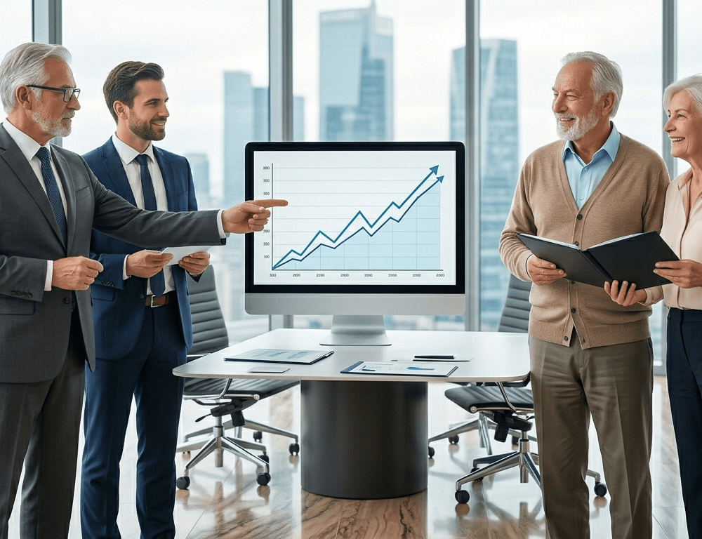 image of financial advisors going over financial information with a retired couple