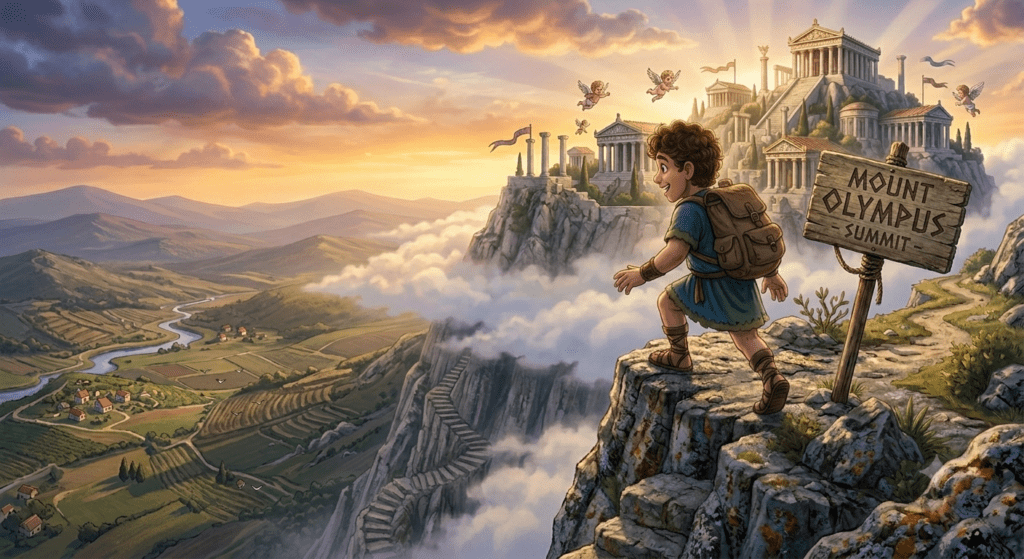 animated image of a young boy looking over the valley from the summit of Mount Olympus