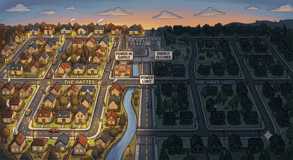 cartoon image of a neighborhood divided into the haves and have nots for energy