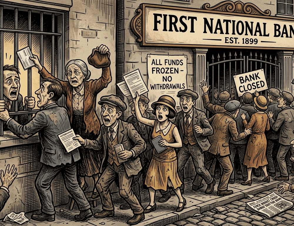cartoon image of depositors outside a bank trying to get their money