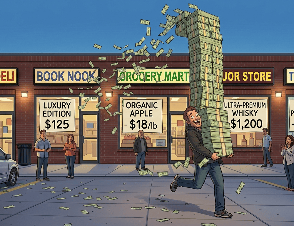 cartoon image of a man carrying a huge stack of cash out to the car